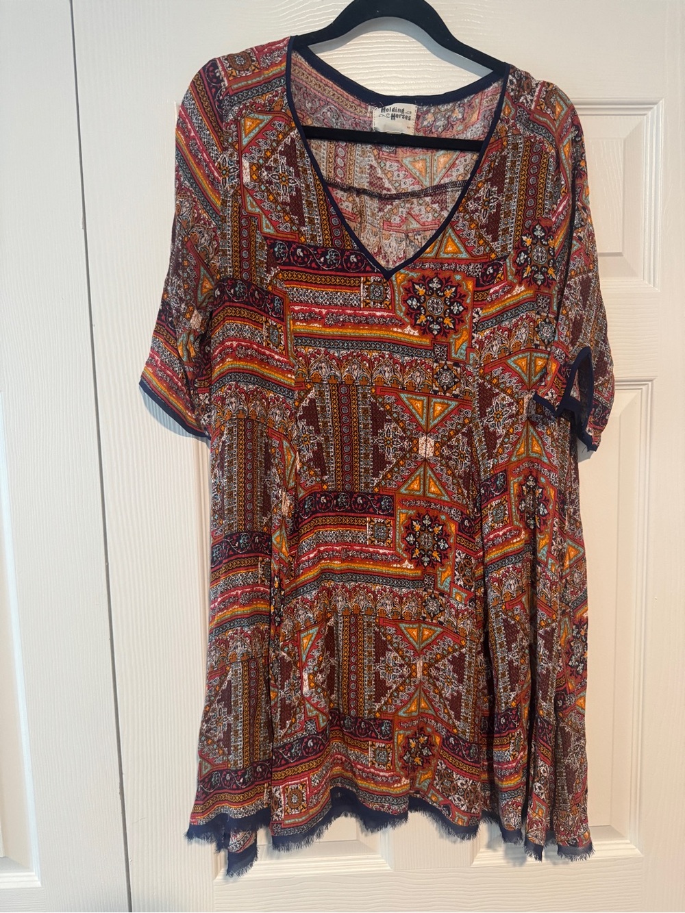 HOLDING HORSES Rust Multi Boho V-Neck Midi Dress
